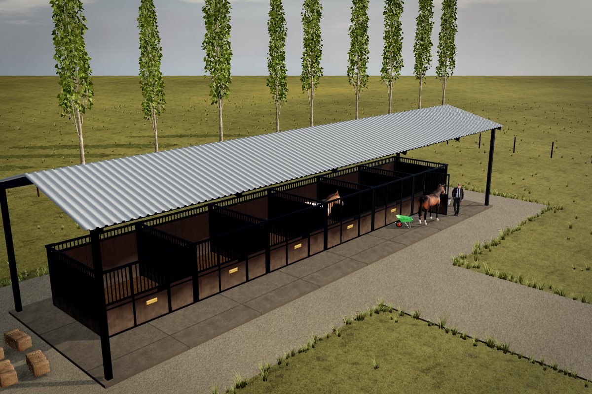 Horse barn with 6 wooden stalls under a covering shed, horses and a "Haras La Esperanza" sign, built in the 3D configurator