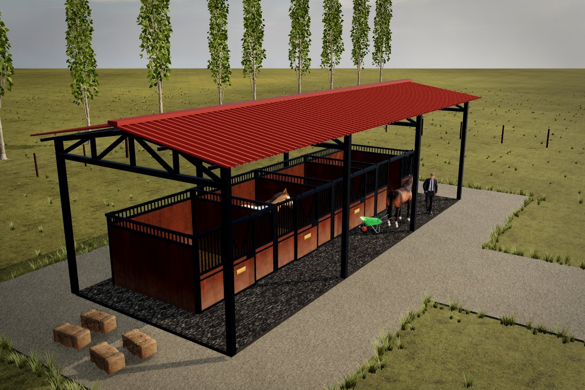 Light wood horse stalls with sliding V-doors, a truss shed with a red roof and rubber flooring, in 3D