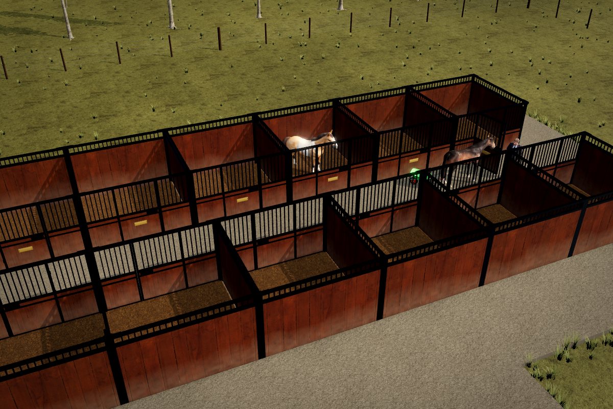 12 facing horse stalls in light wood without a shed, seen from above in 3D