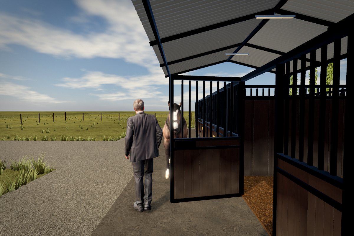 Eye-level walk through a horse barn with wooden stalls and bars, with a horse by the open stall door