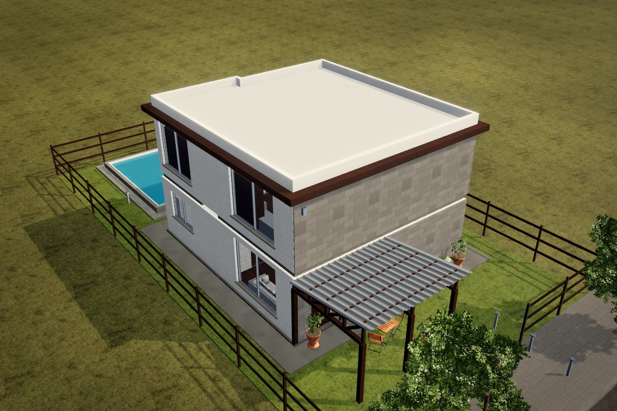 Two-story prefab home with a stone front, white render, wood accents, a pool and a perimeter fence, built in the 3D configurator