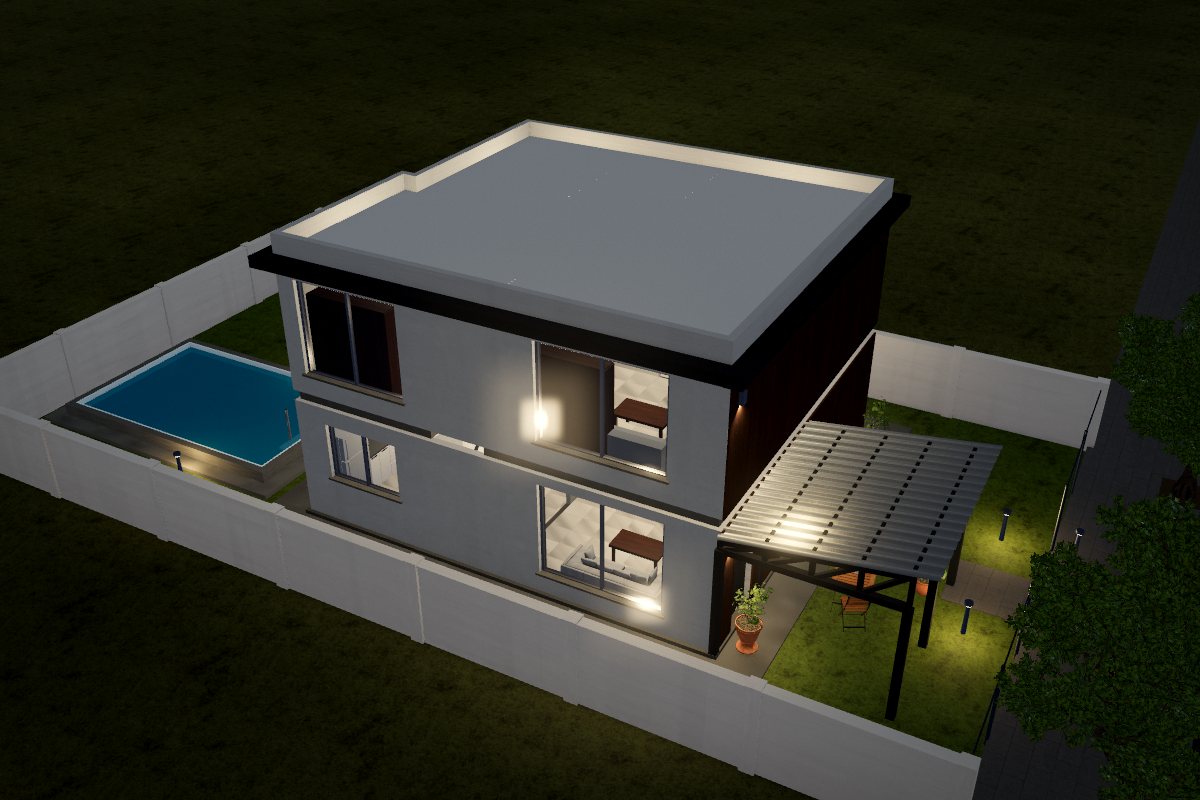 Two-story prefab home with wood siding at night, with interior lights on and a lit pool