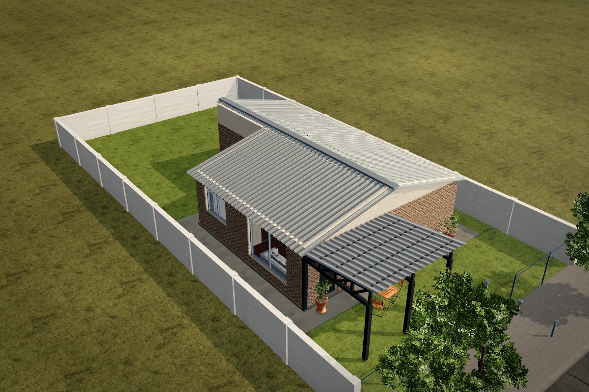 Face-brick prefab home with a gable metal roof, a porch and black window frames, in 3D