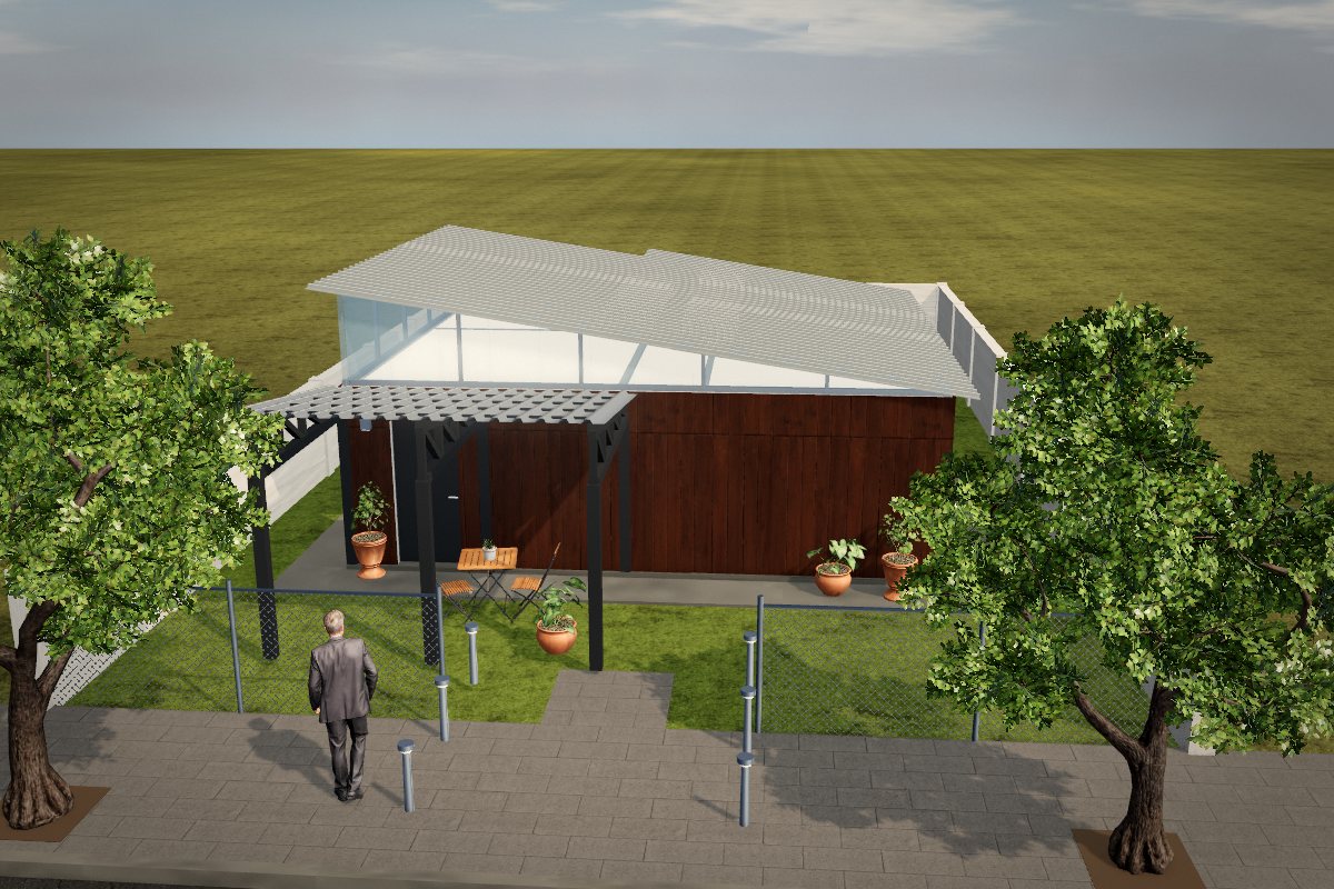 Casa prefabricada con revestimiento de madera, techo de chapa a un agua, galería y pileta en el patio, en el configurador 3D