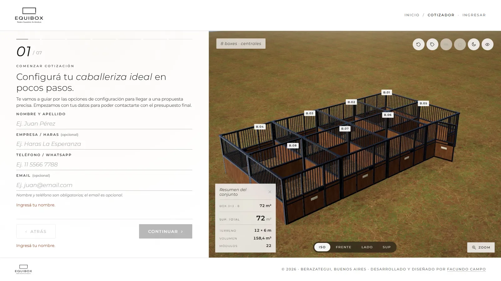 EQUIBOX 3D quoting tool: the 7-step wizard next to the live render of 8 center-aisle stalls