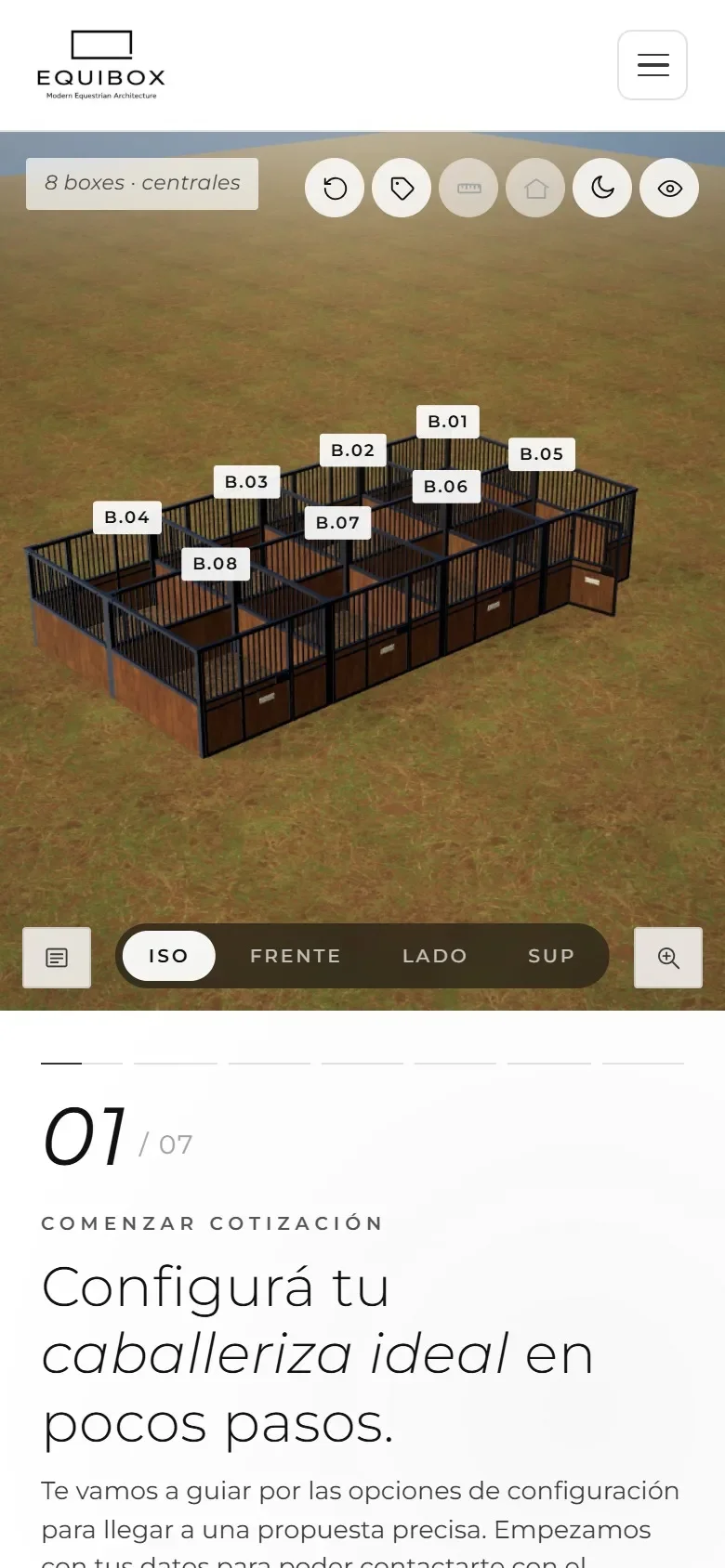 The EQUIBOX quoting tool on a phone: the 3D view on top and the form below