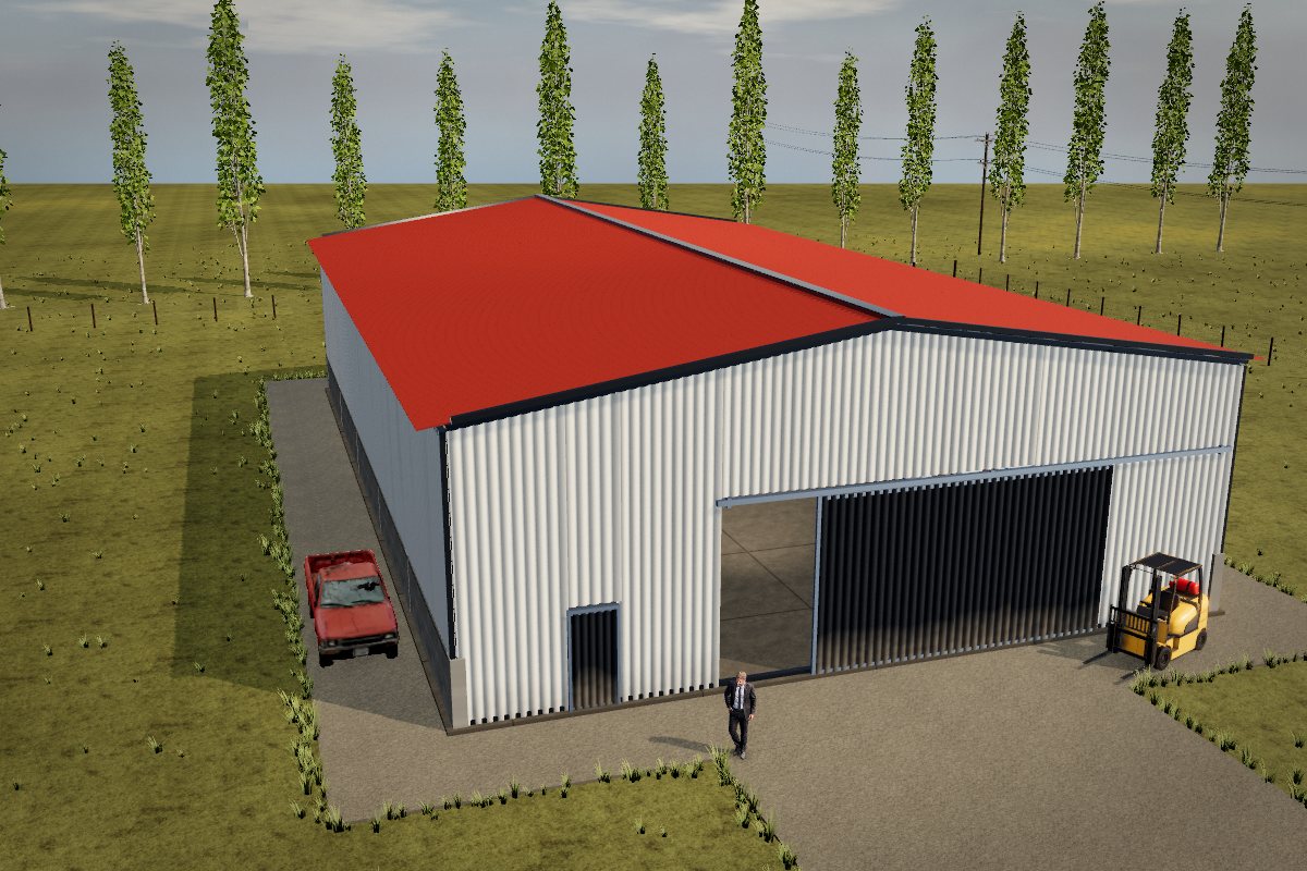 Galpón metálico de pórticos reticulados con zócalo de bloque, chapa blanca, techo rojo teja y portón corredizo abierto, armado en el configurador 3D de Estructuras 3D