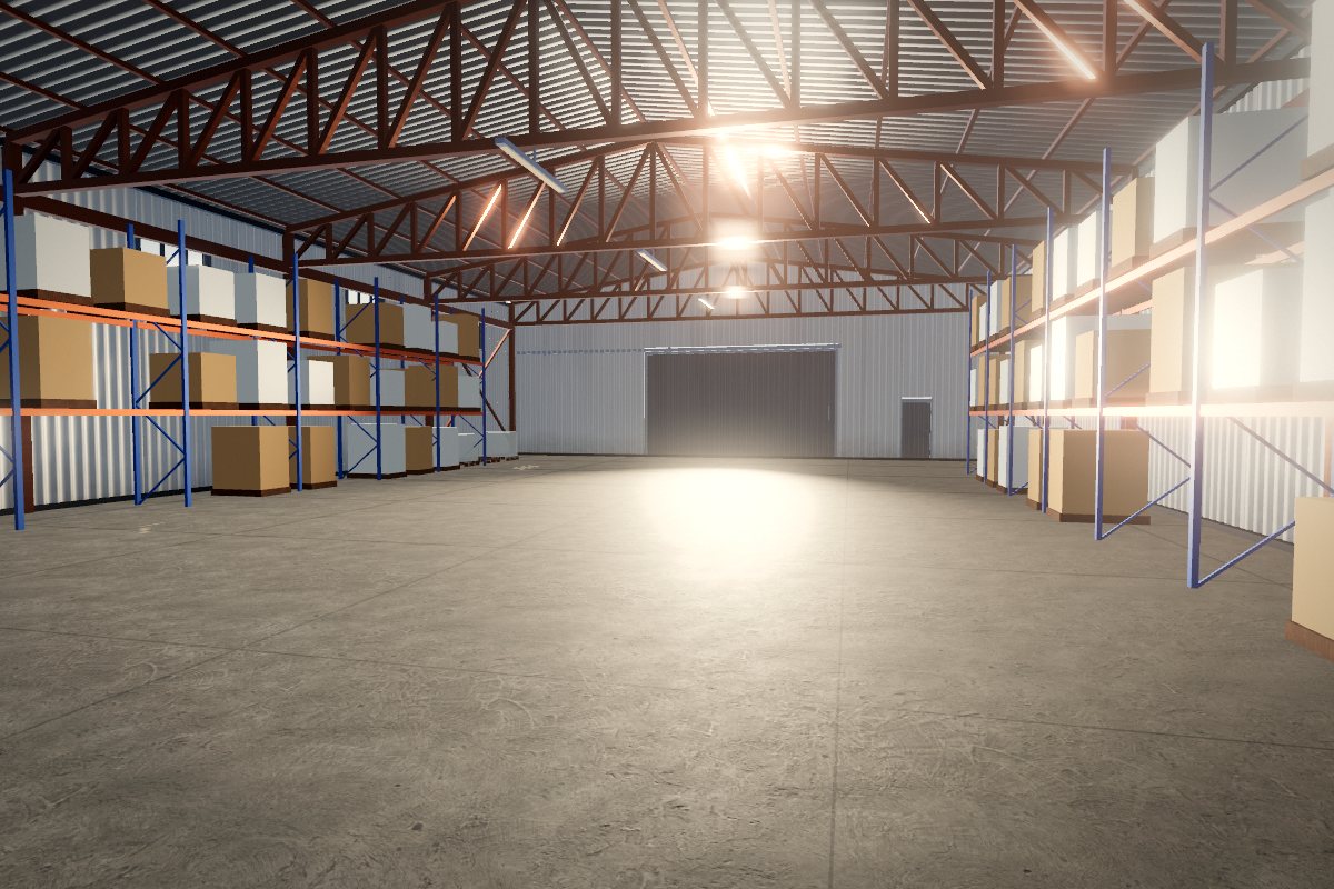 Interior de un galpón metálico con piso de cemento, pórticos color óxido y racks con pallets, visto en el modo Recorrer del configurador 3D